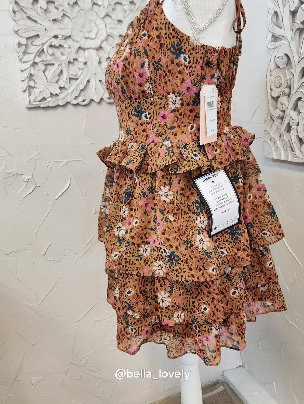 NWT Spring Floral Tiered Ruffle Mini Dress in Warm Brown Summer - Picture 4 of 8